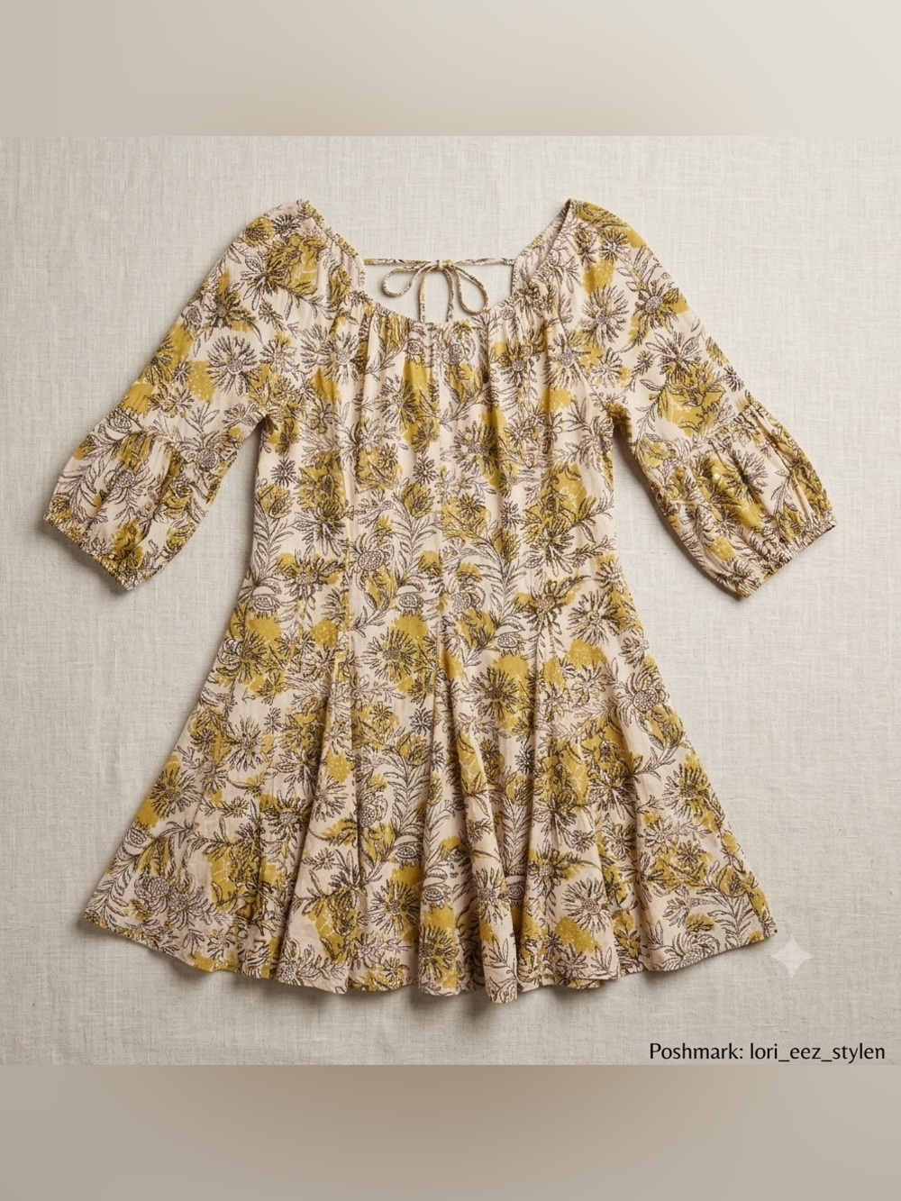 Anthropology- daily practice - Floral Peasant Mini Dress in Mustard and Cream